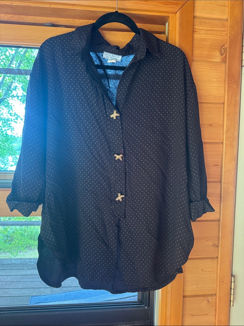 Vintage Black Button-Down Blouse with gold Polka Dots